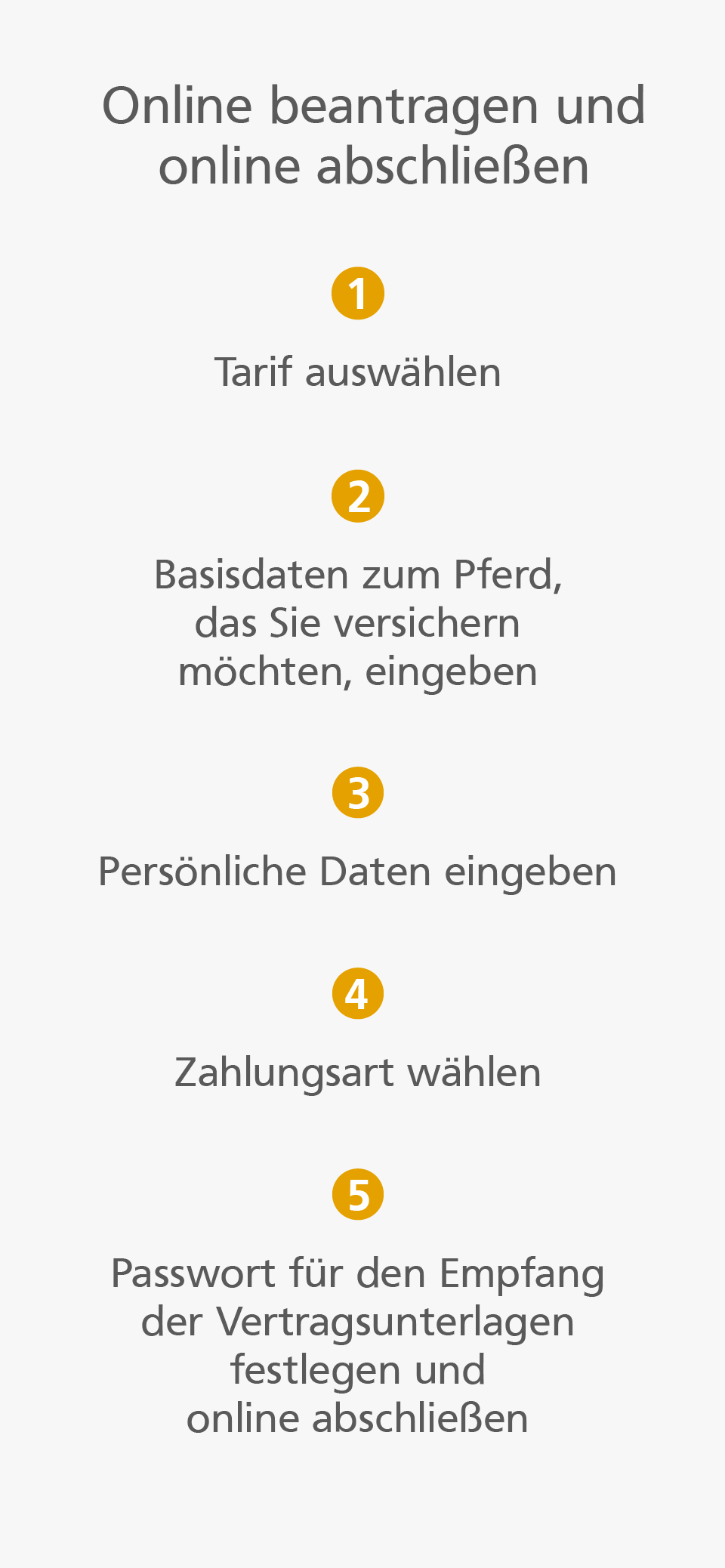 Pferde-OP-Versicherung Grafik: Online beantragen und online abschließen: 1. Tarif auswählen, 2. Basisdaten zum Pferd, das Sie versichern möchten, eingeben, 3. Persönliche Daten eingeben, 4. Zahlungsart wählen, 5. Passwort für den Empfang der Vertragsunterlagen festlegen und online abschließen
